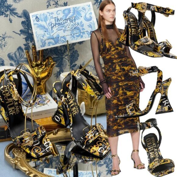 🆕 VERSACE JEANS COUTURE 🧿 NWOB Logo Couture Kirsten Heeled Sandals, Black Sz 7 - Picture 1 of 16